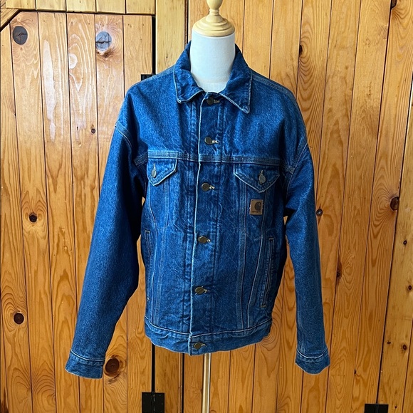 Vintage Carhartt Blue Denim Flannel Lined Trucker Jacket Made in USA J11DST - Picture 2 of 12